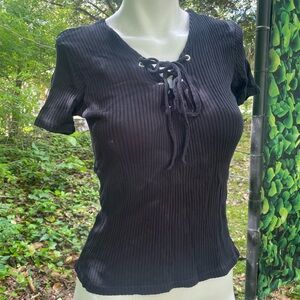 Zara Trafaluc Black Lace-Up Ribbed Top S Small Cotton Fairycore
